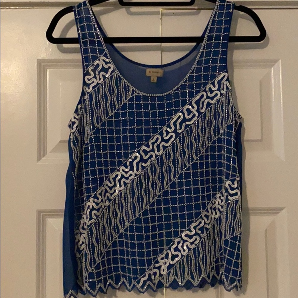 Cremieux Baby blue and white beaded top